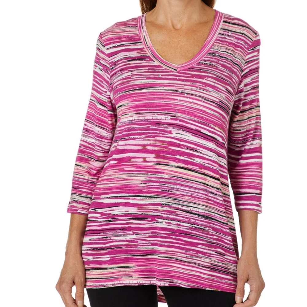 Onque Casual Pink White Petite Fit Striped Jewel Embellished 3/4 Sleeve Top NWT - Picture 1 of 8